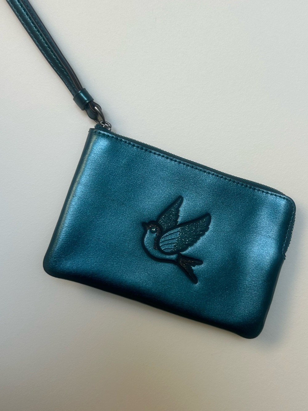 Coach Metallic Teal Wristlet Pouch with Embossed Sparrow Bird